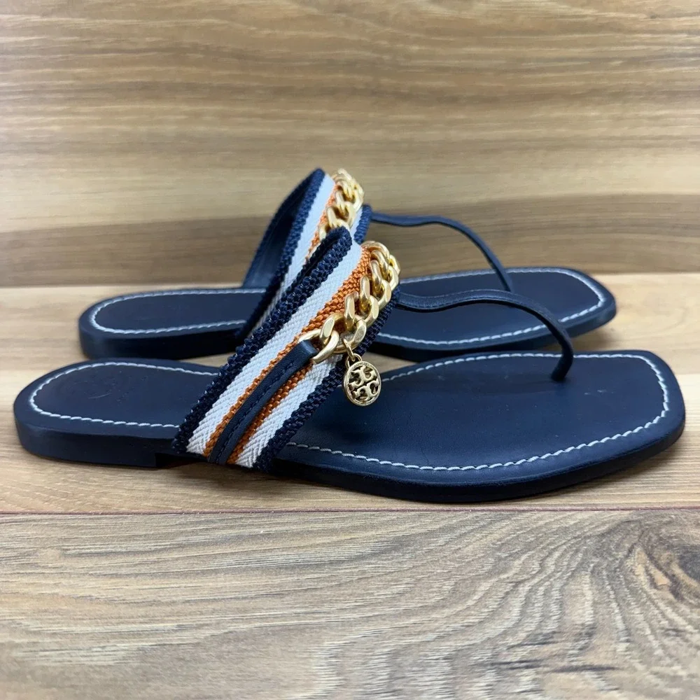 Tory Burch‎ Benton Chain Flip Flops Womens 7 M Navy Blue Leather Gold Hardware